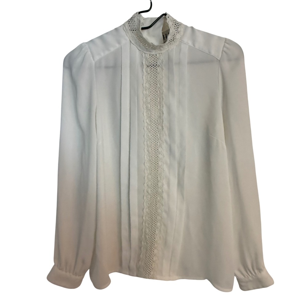 Harpe White Lace High Neck Pintuck Long Sleeve Blouse Small Victorian Style